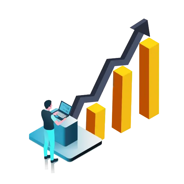 company graph moving up and to the right with aligned virtual assistant