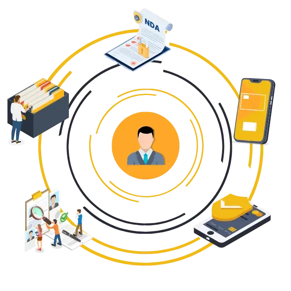 virtual assistants in a circle with nda, background checks, and verifications